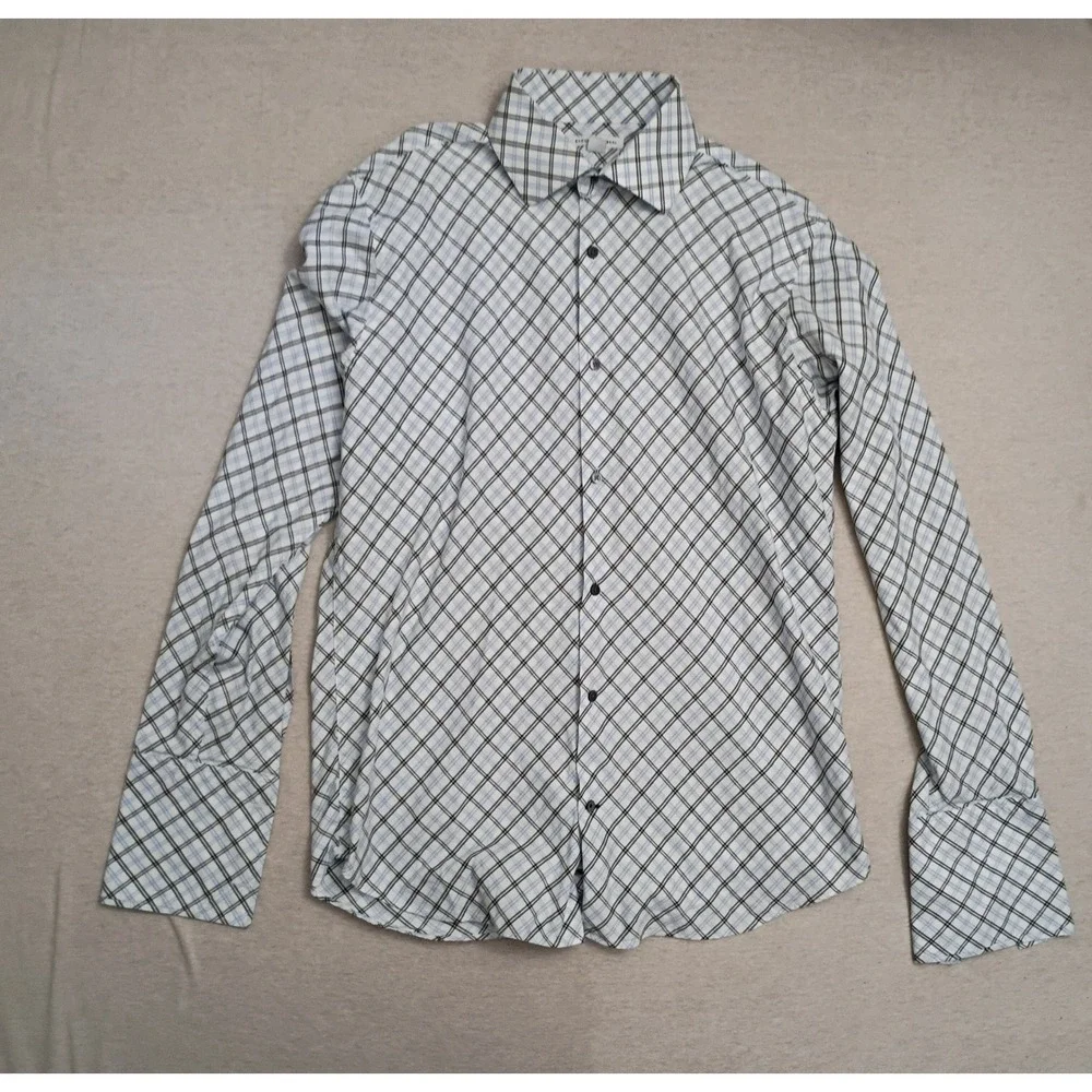 Banana Republic Mens XL Long Sleeve French Cuff Button Shirt Blue Plaid Bias